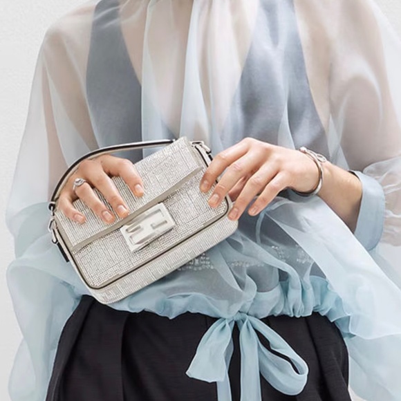 Fendi Baguette Mini Silver Crystal-Embellished Shoulder Bag With FF Motif - Picture 1 of 16